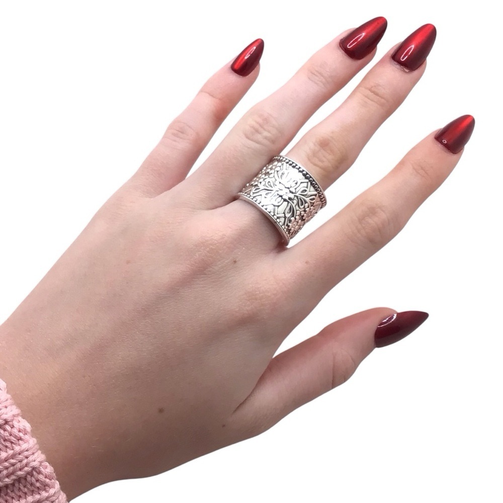 Silver- Tone Floral Wide Band Thumb Ring Adjustable Boho Vintage Style Statement - Picture 9 of 11
